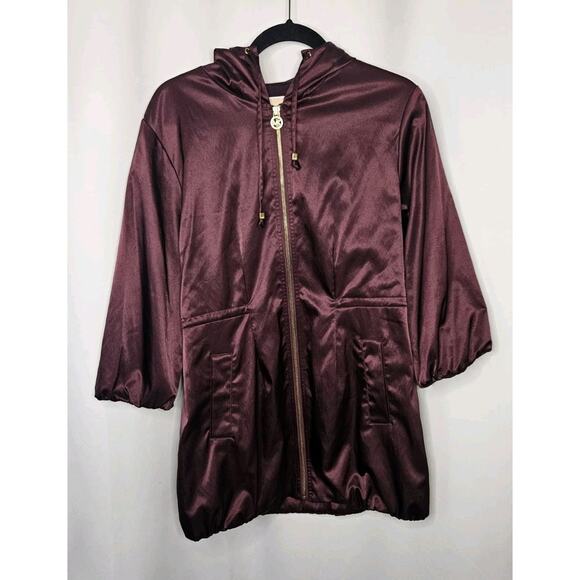 MICHAEL KORS FANCY PURPLE HOODED ANORAK CINCH-WAIST RAINCOAT LONG JACKET P/M - Picture 1 of 10